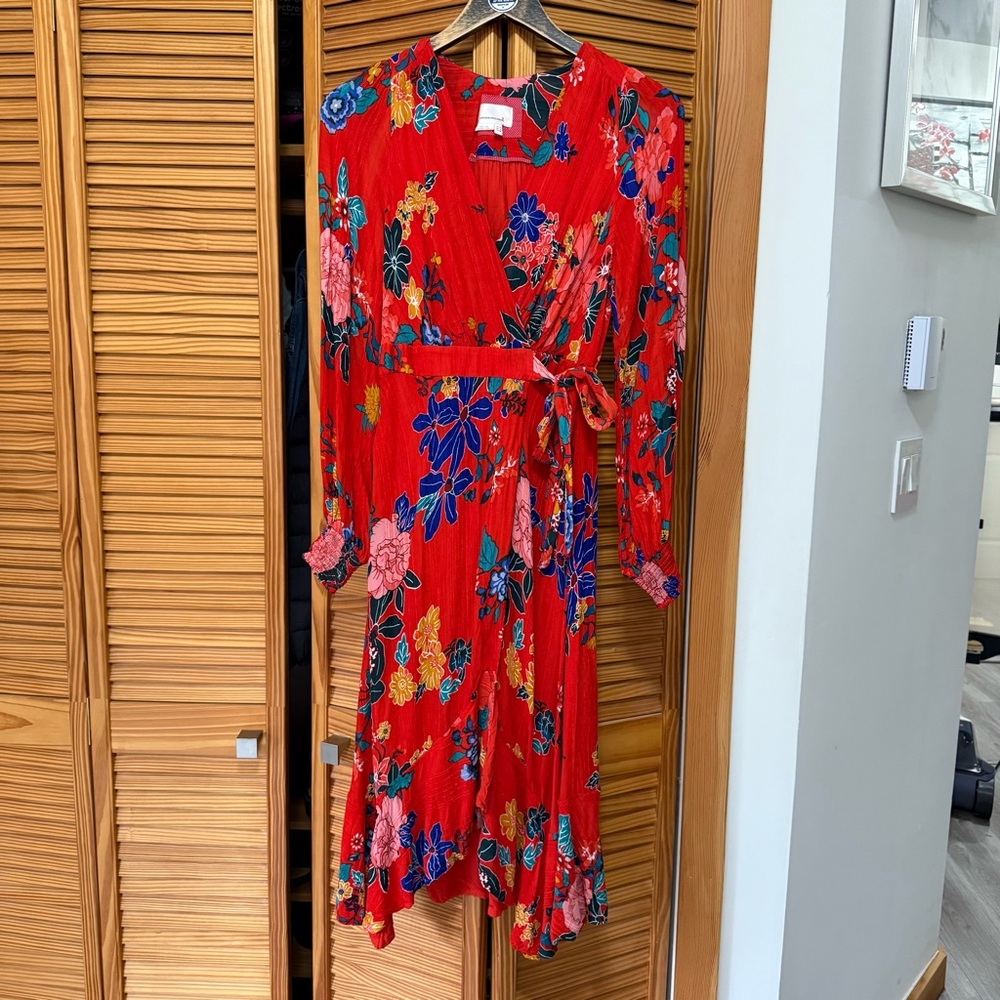 Anthropologie Red Floral Long Sleeve Dress